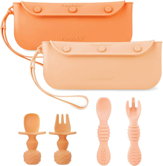 PandaEar 4 Pack Silicone Baby Spoons & Forks with 2 Pack Baby Cutlery Holder Bags, Baby Feeding Set Self Feeding Utensils & Reusable Portable Flatware Box Tableware Organizer Storage Case