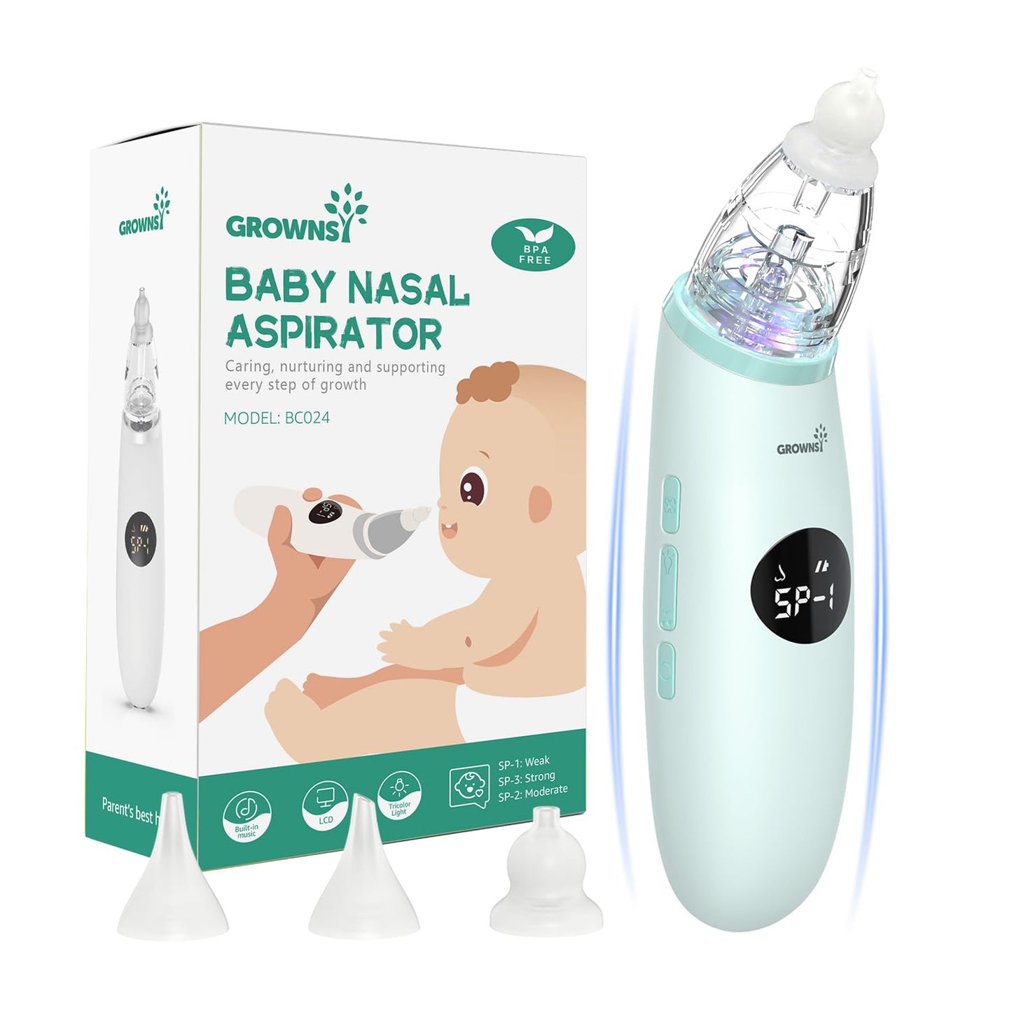 GROWNSY Nasal Aspirator for Baby | Baby Nose Sucker | Electric Nose Suction for Toddler, Ergonomic Booger Sucker with 3 Silicone Tips, Music & Light Soothing Function(White)