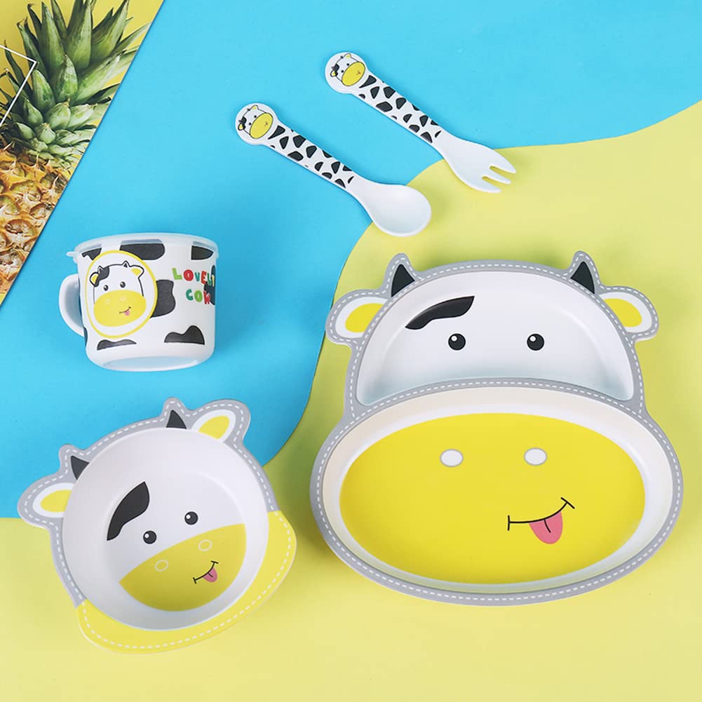 Bamboo Kids Dinnerware Set 5 Pcs Includes Plate Bowl Cup Fork Spoon Perfect for Kids BPA-Free (Little Dinosaur)