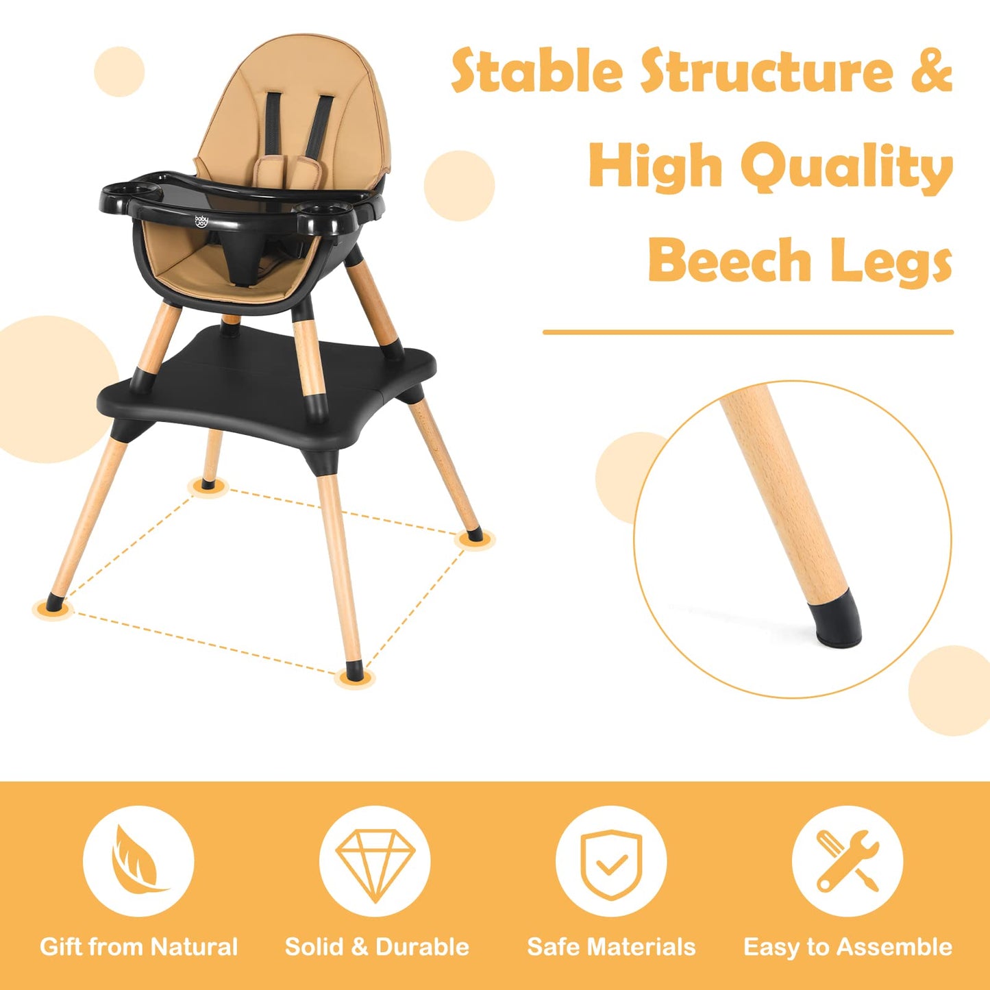 BABY JOY 6 in 1 High Chair, Convertible High Chairs for Babies and Toddlers/Booster Seat/Table and Chair Set, Infant Wooden Highchair w/ 5-Point Harness, 4-Position Removable Tray & PU Cushion, Coffee