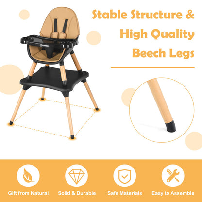 BABY JOY 6 in 1 High Chair, Convertible High Chairs for Babies and Toddlers/Booster Seat/Table and Chair Set, Infant Wooden Highchair w/ 5-Point Harness, 4-Position Removable Tray & PU Cushion, Coffee