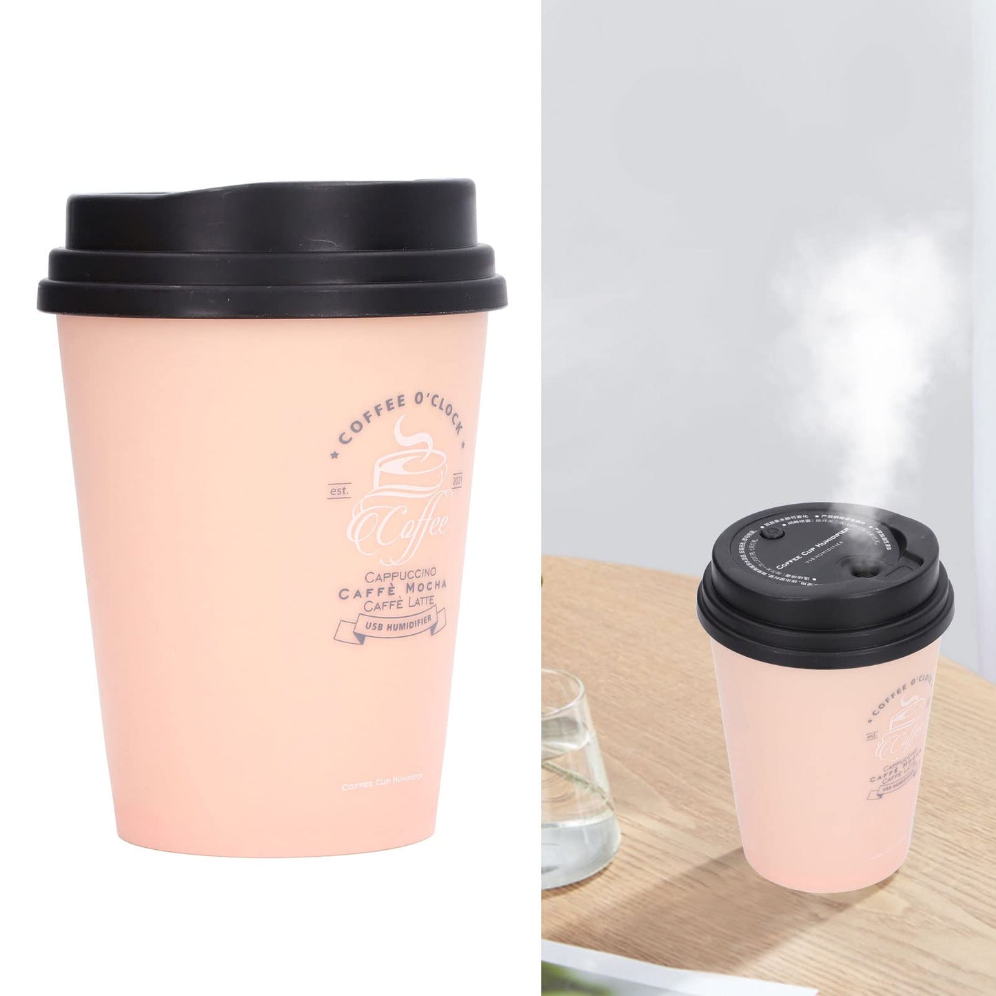 Humidifiers for Bedroom, 300ml Cool Mist Humidifiers, USB Mini Cute Coffee Cup Humidifier, Car Humidifier, Pink Desk Humidifier, Small Humidifier, Low Noise, Auto Shut-Off for Car, Plant, Office(Pink)