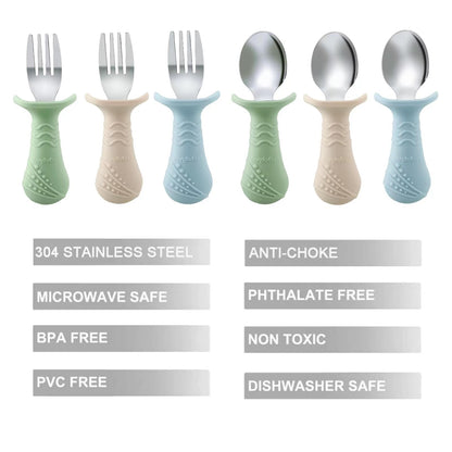 PandaEar Baby Toddler Fork and Spoon Utensil Set, 6 Pack Silicone Stainless Steel Silverware Spoon Fork for Babies Toddler, BPA Free with Silicone Holding Anti-Choke Design (Green Blue Brown)