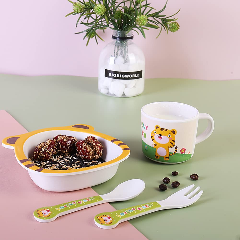 Bamboo Kids Dinnerware Set 5 Pcs Includes Plate Bowl Cup Fork Spoon Perfect for Kids BPA-Free (Little Dinosaur)