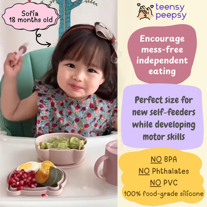 Bear Silicone Baby Bowl Suction Baby Spoon and Fork for Babies 6 months+ Suction Bowls for Baby Utensils 6-12M+ BLW Essentials (Peach Lilac)
