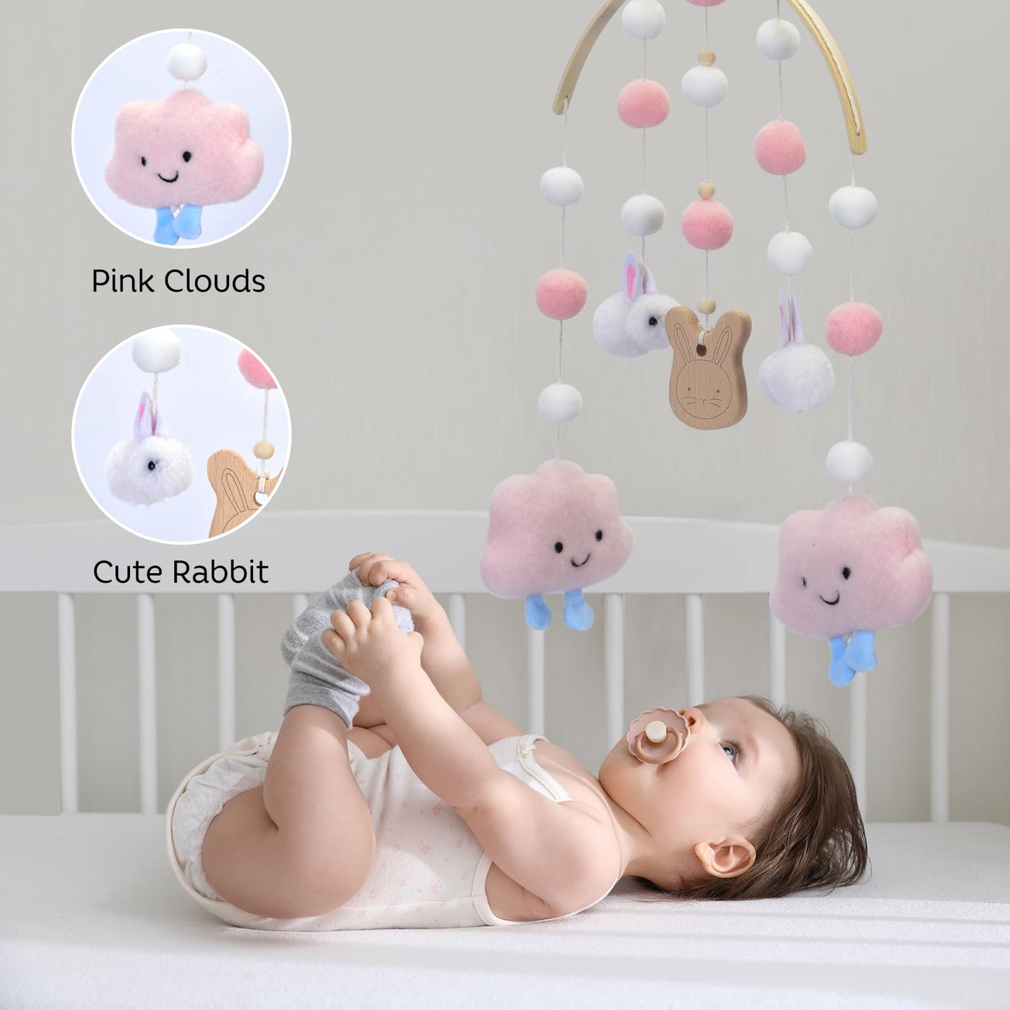 Baby Crib Mobile - Cloud Mobile for Crib, Felt Cloud Nursery, Baby Bassinet Mobile - Shower Set for Infant Bedroom Hanging Decoration (Pink)