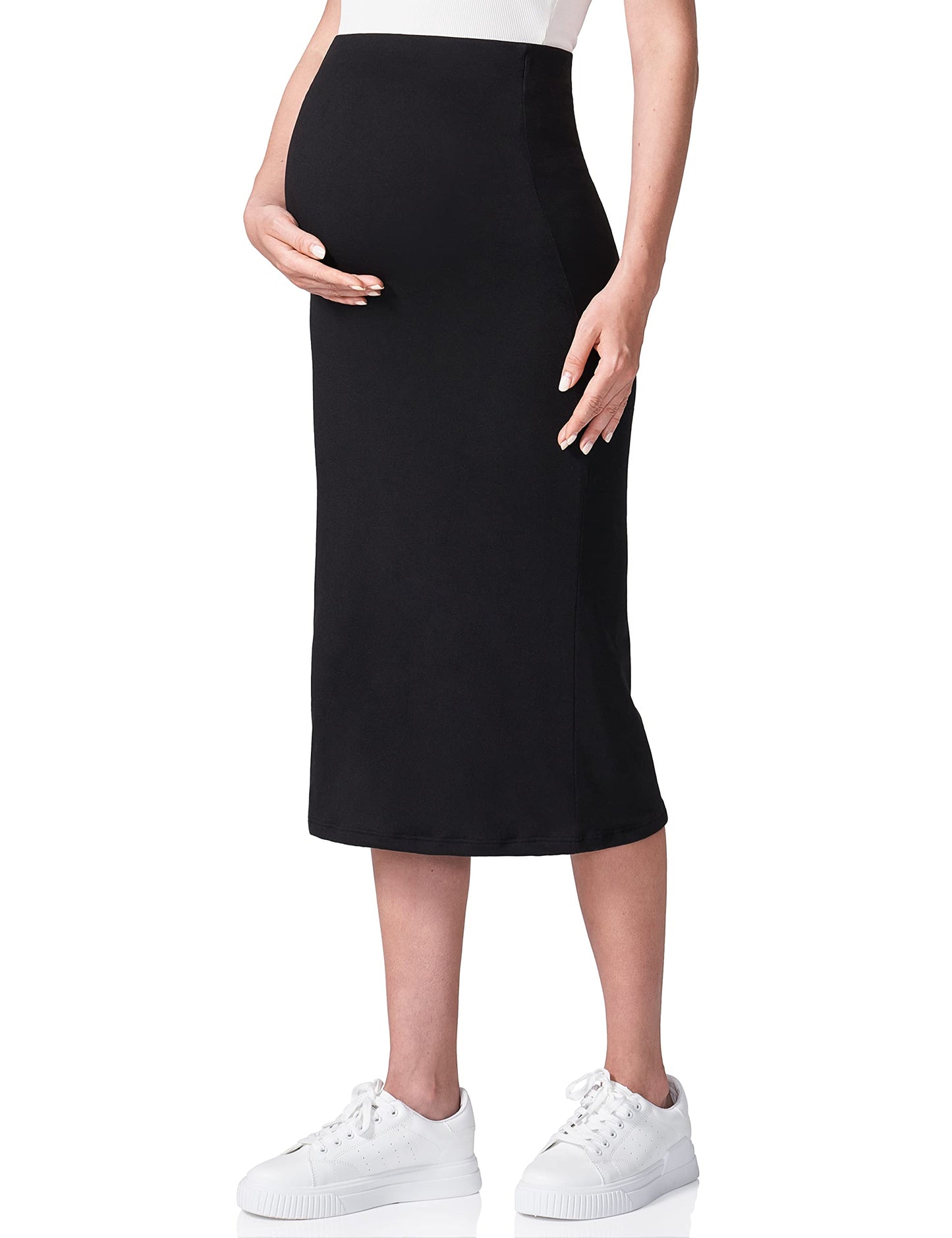 POSHDIVAH Women's Maternity Skirt Over The Belly Midi High Waisted Solid Stretchy Pregnancy Pencil Skirt