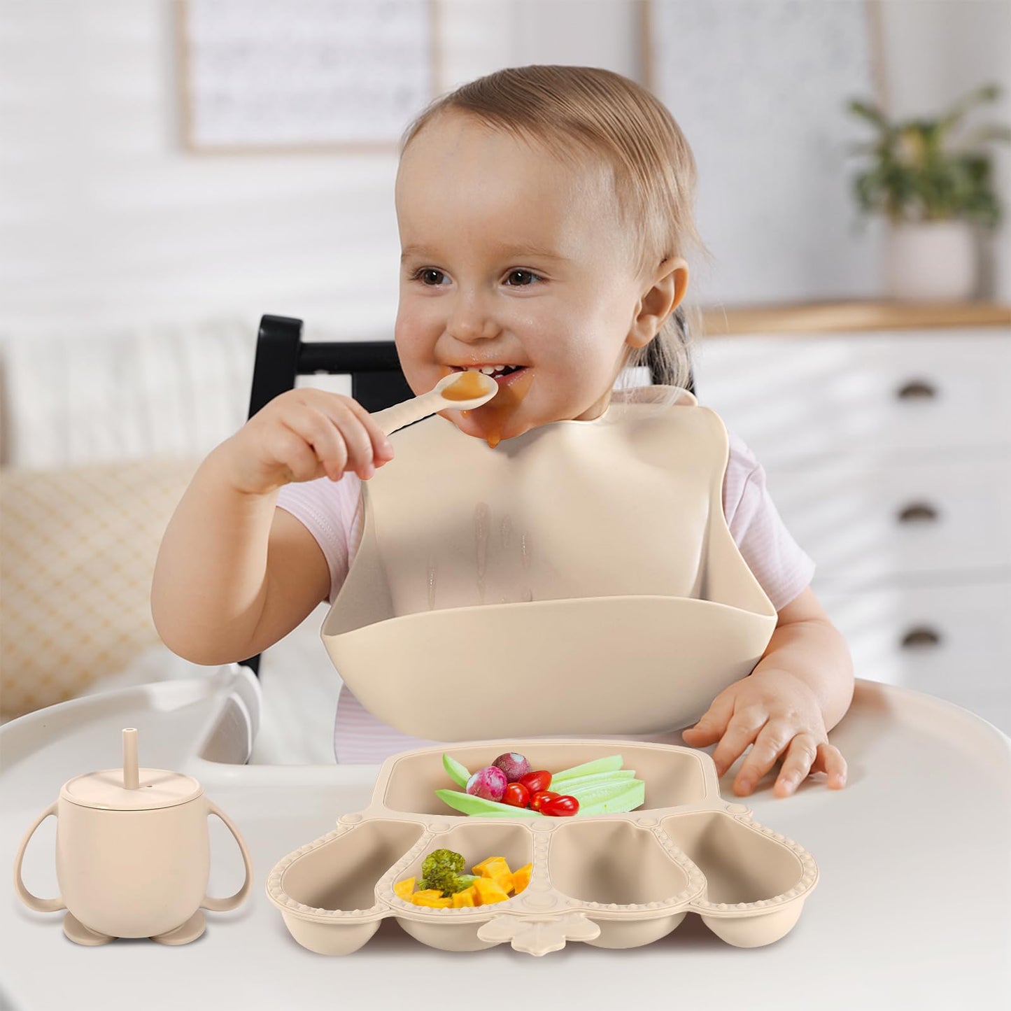 Silicone Baby Feeding Set 10 Pcs Baby Led Weaning Supplies Suction Bowl Divided Plate Baby Bibs Fruit Feeder Baby Spoons Forks Sippy Cup Toddler Utensil Sets Baby Essentials for Newborn Gift