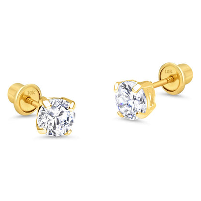 10k Yellow Gold Basket Round CZ Cubic Zirconia Solitaire Children Stud Screwback Baby Girls Earrings