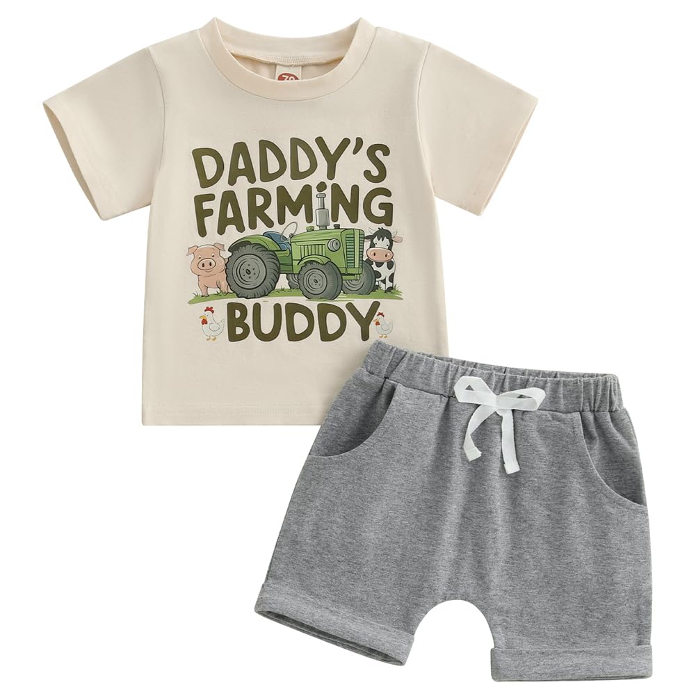 Pudcoco Toddler Baby Boys Girls Summer Clothes Farm Animal Outfit Short Sleeve T-shirt and Solid Color Shorts Set