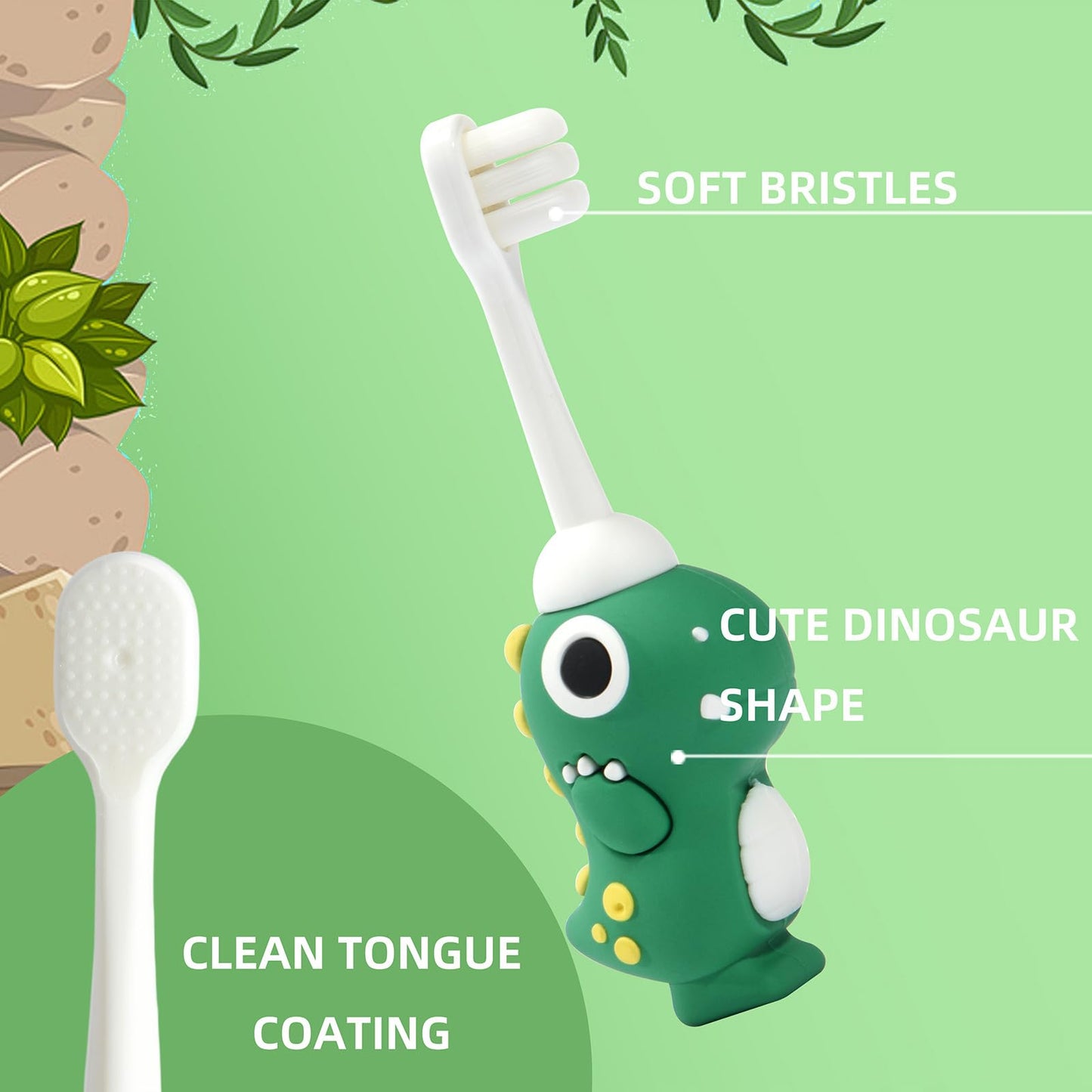 Neverfade Dinosaur Kids Toothbrush - Extra Soft Wide Head Toothbrush Tor Baby, 0.08mm Soft Filament Toddler Toothbrush for Kids 2-4,Make Brushing Fun and Protect Kids Delicate(Green)