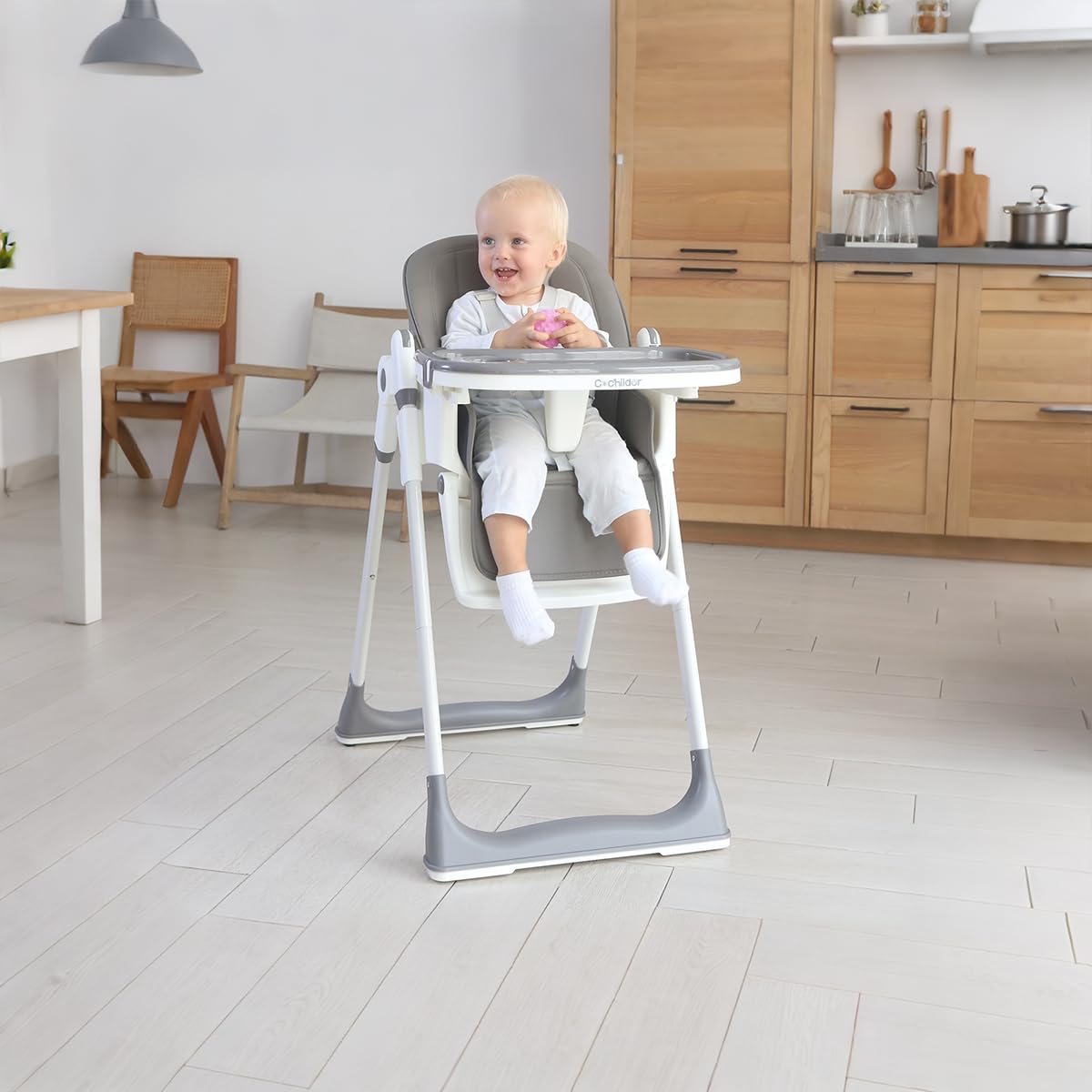 3-in-1 Foldable High Chair for Babies & Toddlers – Adjustable Height, Reclining Seat, 5-Point Safety Harness, Removable Tray, Lockable Wheels and Washable Cushion, Beige