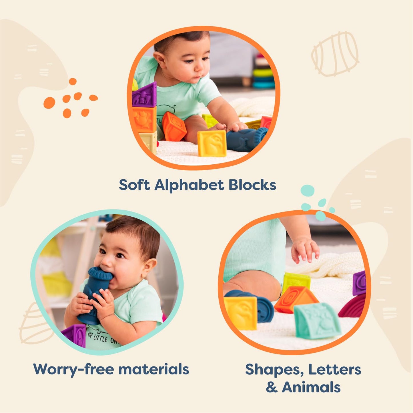 B. toys – Baby Blocks – Stacking & Building Toys For Babies – 10 Soft & Educational Blocks- Numbers, Shapes, Colors, Animals- One Two Squeeze- 6 Months +