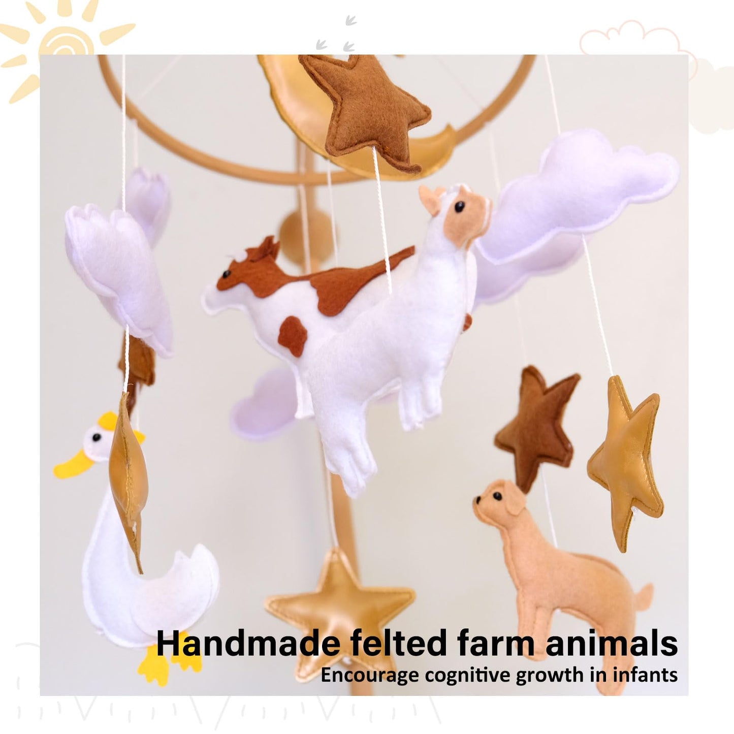 Farm Animals Baby Mobile, Mobile for Crib, Crib Mobile for Boys and Girls, Nursery Mobile for Bassinet, Pack and Play, Cows, Sheep, Golden Retriever, Goose, Moon