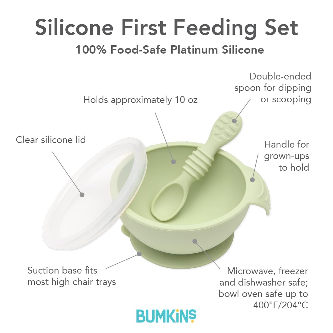 Bumkins Baby Bowls, Disney Minnie Mouse Silicone Baby Feeding Set, Suction Bowls for Baby and Toddler with Spoon, First Feeding Set, Platinum Silicone Bowl for Babies 4 Months