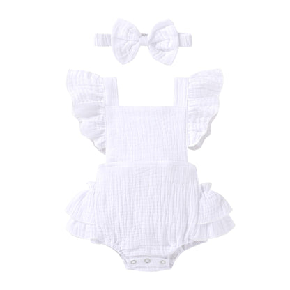 Happy Town Baby Girl Clothes Toddler Summer Linen Romper Sleeveless Ruffle Outfits Infant Girls Jumpsuit with Headband