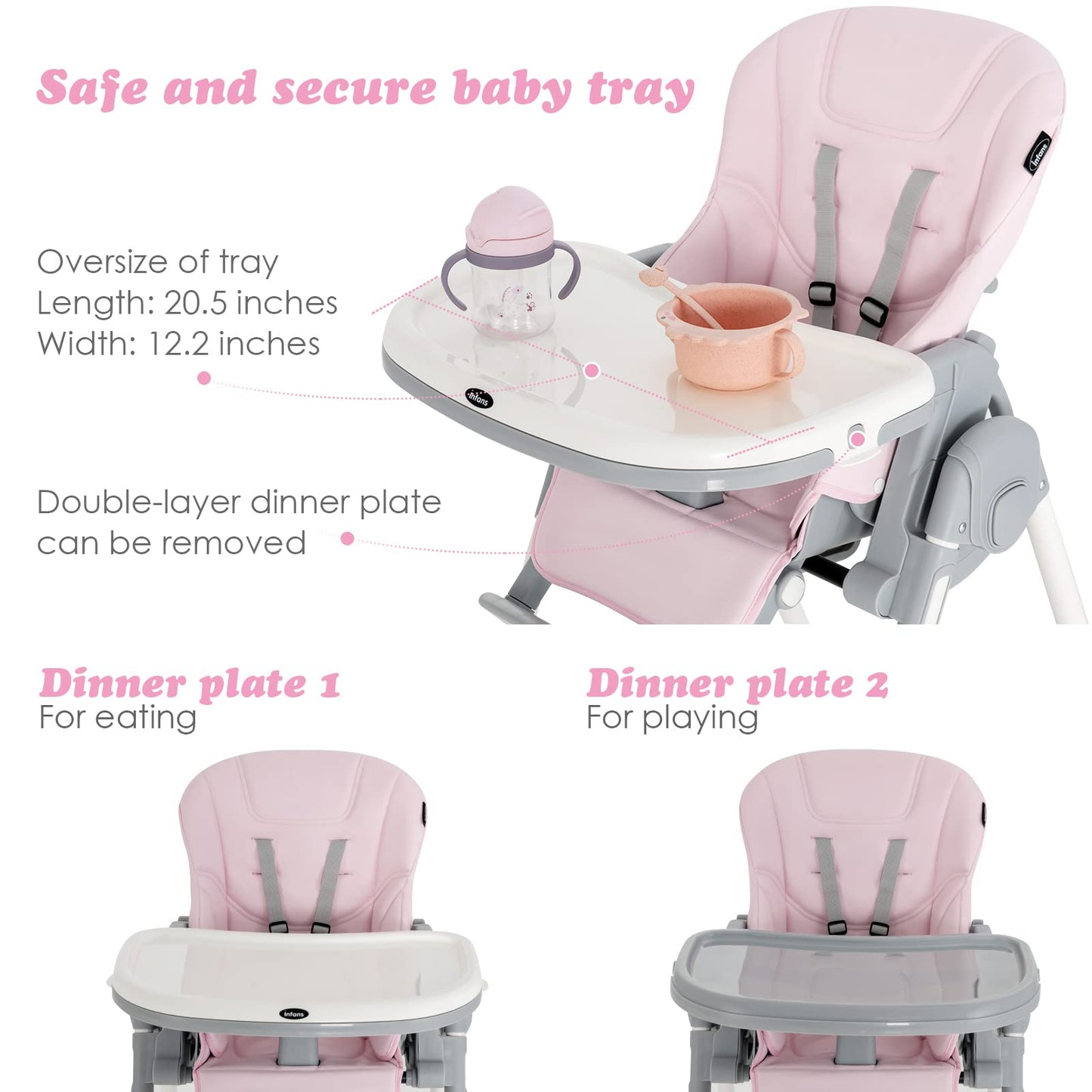 INFANS High Chair for Babies & Toddlers, Foldable Highchair with Multiple Adjustable Backrest, Footrest and Seat Height, Removable Tray, Detachable PU Leather Cushion, Built-in Rear Wheels (Black)