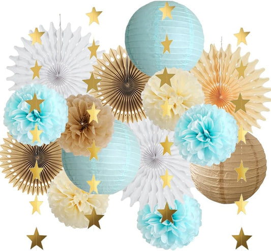 Blue and Brown Party Decorations Light Blue and Brown Baby Shower Decorations White Paper Fans Cream Pom Poms for Engagement Party Decorations Blue and Brown Birthday Wedding Room Decorations