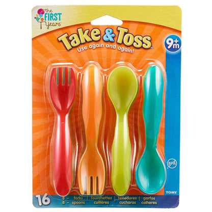 TOMY The First Years Take & Toss Flatware for Kids, 16 Pieces, Multicolor