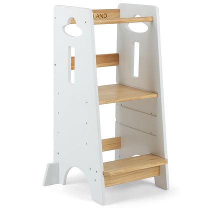 COSYLAND Toddler Standing Tower Adjustable Height - Super Stable Kids Kitchen Stool Helper - 3 Levels Adjustable Wooden Toddler Kitchen Stool (Natural & Navy Blue)