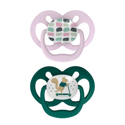 Dr. Brown's Advantage Glow-in-the-Dark Baby Pacifier, Fully Symmetrical Soother with Soft Silicone Bulb, Scooter Squirrel-Purple Nature, 6-18m, BPA Free, 4 Pack