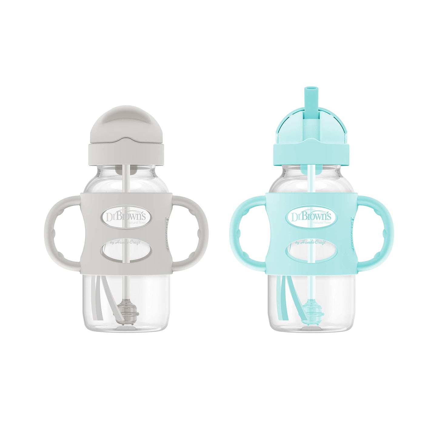 Dr. Brown's Milestones Wide-Neck Sippy Straw Bottle with 100% Silicone Handles and Weighted Straw, 9 oz/270 mL, Gray & Pink, 6m+, 2 Count (Pack of 1)