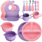 16 Pcs Baby Led Weaning Supplies Silicone Baby Feeding Set Plates with Suction Utensils with Divided Adjustable Bib Bowl Cutlery Snack Cup Spoons Straw 6 Months+(Purple, Pink)
