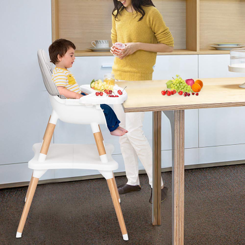 JOYMOR 5-in-1 Convertible Baby High Chair for Babies and Toddlers, Table and Chair Set, Wooden Infant Eating Highchair with Leather Seat Cushion, 4-Position Removeable & Adjustable Tray (Biege)