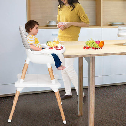 JOYMOR 5-in-1 Convertible Baby High Chair for Babies and Toddlers, Table and Chair Set, Wooden Infant Eating Highchair with Leather Seat Cushion, 4-Position Removeable & Adjustable Tray (Biege)