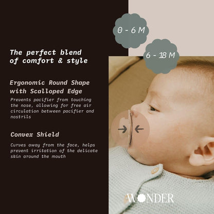 Suavinex Wonder Baby Pacifier, SX Pro Silicone Nipple, Reversible, Non Irritating Shield Design, 2 Pk Pacifiers 0-6 Months, Made in Europe, Mauve/Chalk