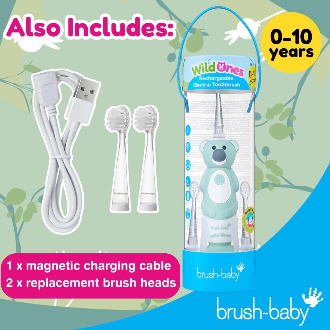 brush-baby WildOnes™ Rechargeable Kids Electric Toothbrush – Toby Tiger | Flashing Lights, 2-Min Timer, Waterproof, 3 Brush Heads | Toddler & Child Toothbrush Ages 0-10 | Soft Bristles