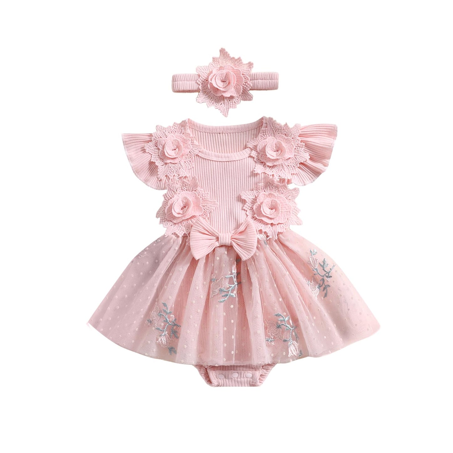Hnyenmcko Newborn Baby Girl Summer Romper Dress Infant Fly Sleeve Flower Embroidery Mesh Tulle Skirt Hem Ribbed Bodysuit