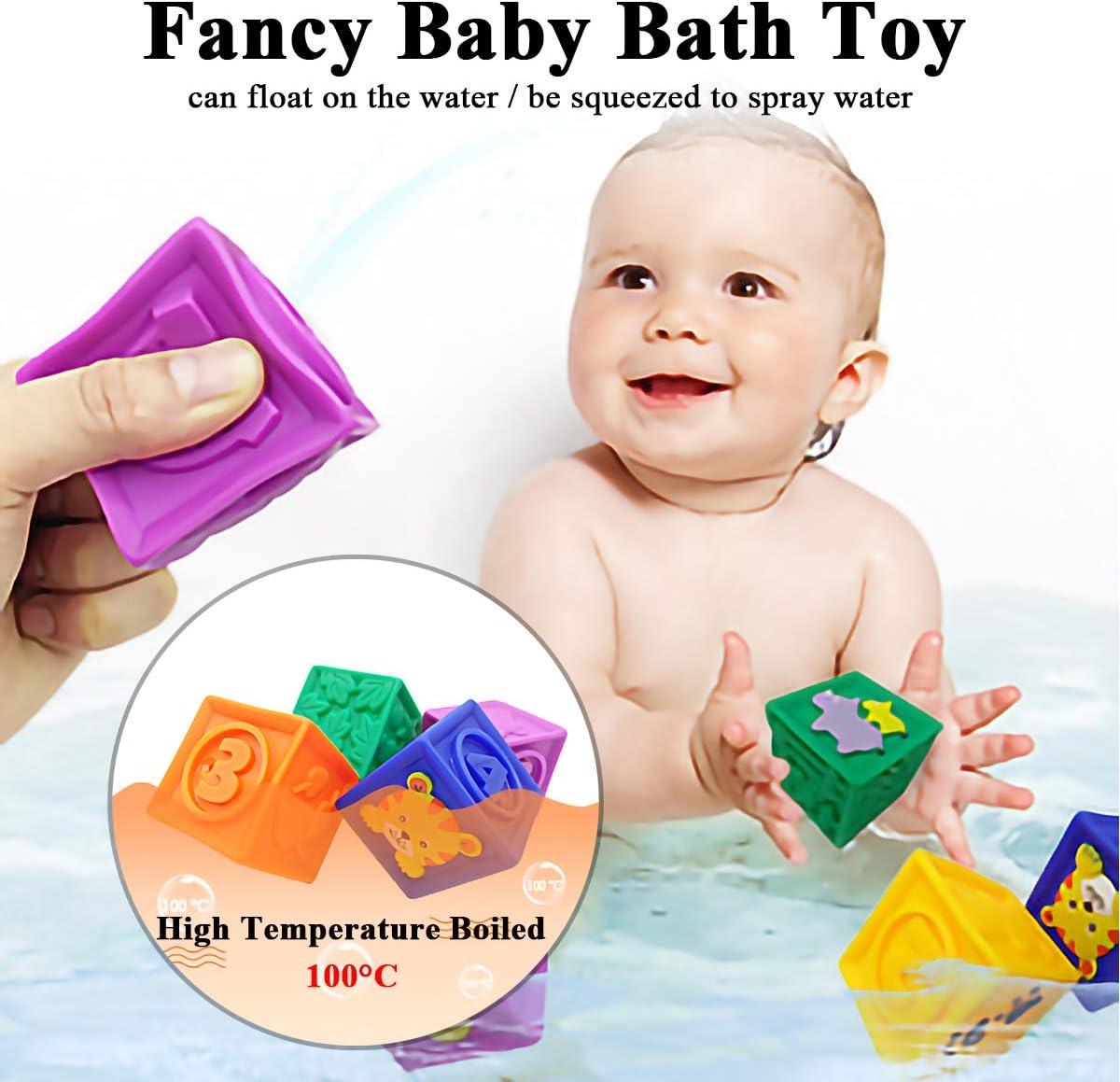 Kingtree Baby Blocks, 9PCS Soft Squeeze Building Blocks Stacking Toys for 6+ Months Babies, Baby Teething Chewing Educational Blocks Set with Numbers Animals Shapes Textures