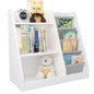 White Kids Bookshelf Wood Toy Storage Organizer Cabinet Children Bookcase Toddler Baby Sling Book Rack 3 Cube Bins Fabric Drawers for Playroom Bedroom Nursery School