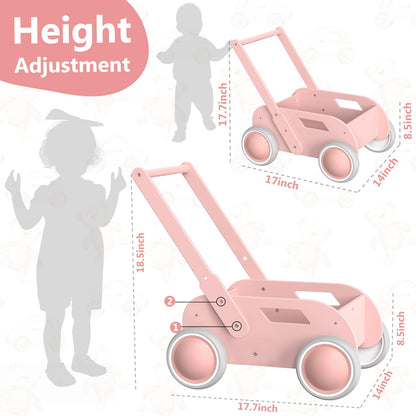 Wooden Baby Walker, Push and Pull Learning Walk Toys for Infants to Toddler, Walker with Wheels for Boys Girls, Gift for Birthday Christmas, Pink