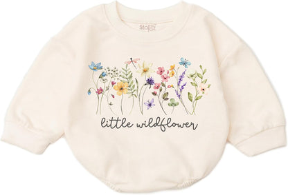 Wildflower Baby Girl Romper - First Birthday Outfit Flower Newborn Bubble Toddler Infant Long Sleeve One-piece Gifts