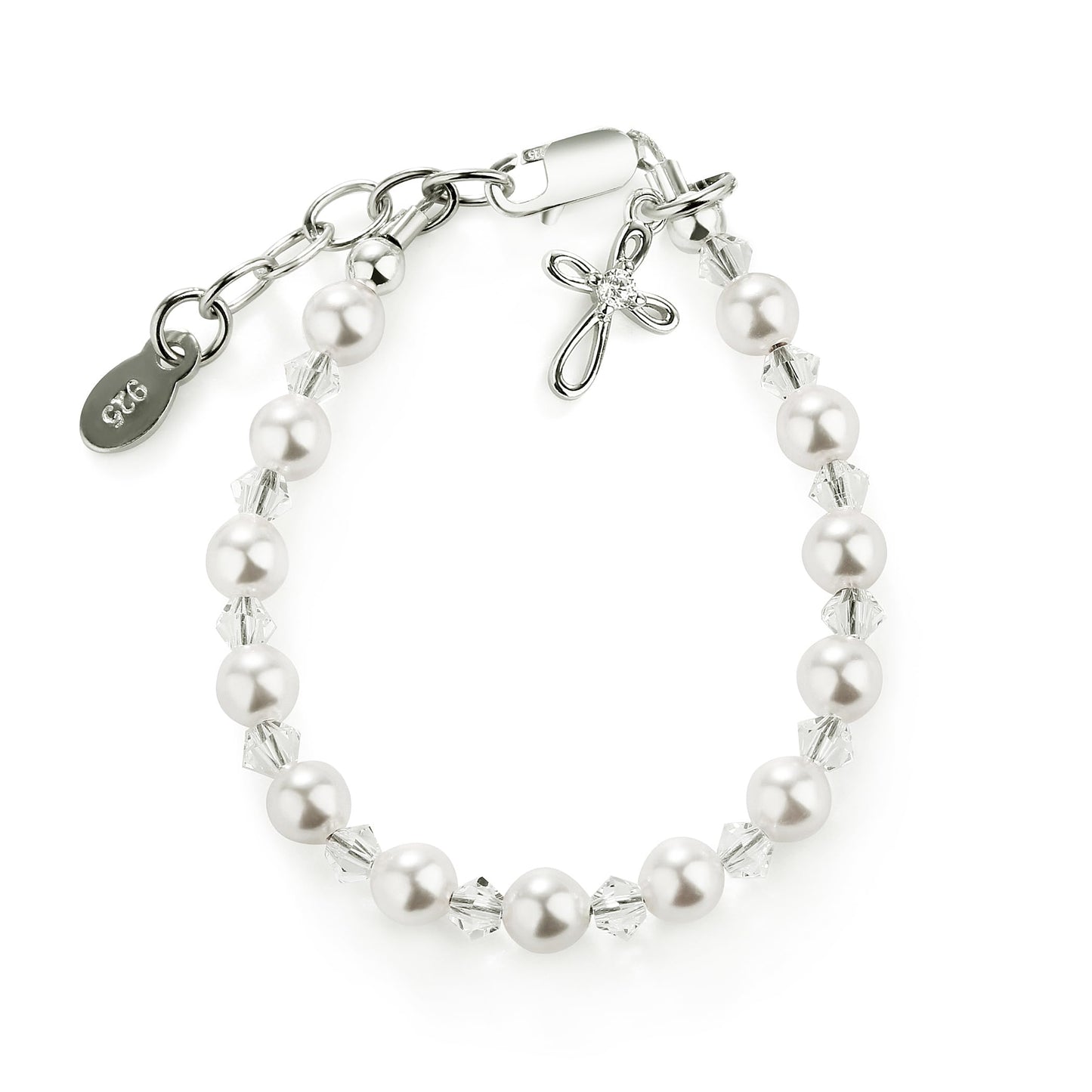 Cherished Moments Sterling Silver Bracelet for Girls with High-End Simulated Pearls and Crystals with a Dainty Infinity Cross Charm