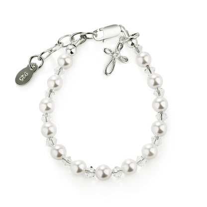 Cherished Moments Sterling Silver Bracelet for Girls with High-End Simulated Pearls and Crystals with a Dainty Infinity Cross Charm