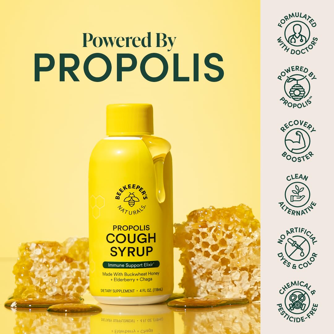 Beekeeper's Naturals Propolis Honey Cough Syrup Daytime for Kids Immune Support with Elderberry, Vitamin C, Vitamin D & Raw Honey - Throat Soothing - Gluten Free & Clean Ingredients, 4 oz.