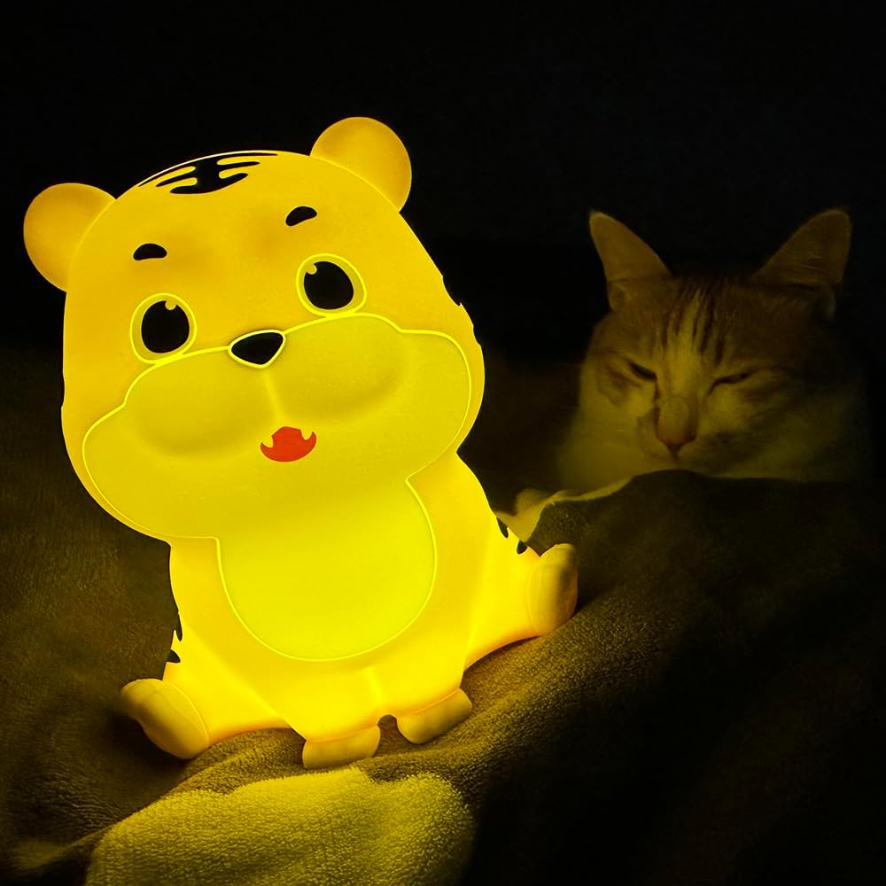 LED Night Light, Cute Tiger Touch Control Soft Silicone Portable Bedroom Lamp, Brightness Adjustable, Non-Flickering Eye-Caring Warm Light, Type-C USB Rechargeable, Timing Function