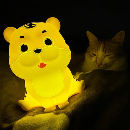 LED Night Light, Cute Tiger Touch Control Soft Silicone Portable Bedroom Lamp, Brightness Adjustable, Non-Flickering Eye-Caring Warm Light, Type-C USB Rechargeable, Timing Function