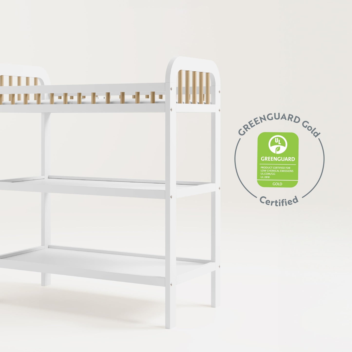 Storkcraft Pasadena Changing Table with Water-Resistant Changing Pad (Driftwood) - GREENGUARD Gold Certified, Includes Bonus Water-Resistant Changing Pad with Safety Strap, 2 Open Shelves