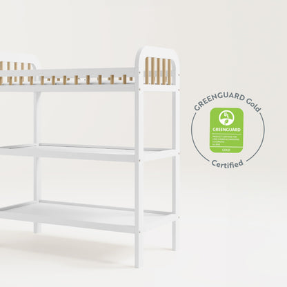 Storkcraft Pasadena Changing Table with Water-Resistant Changing Pad (Driftwood) - GREENGUARD Gold Certified, Includes Bonus Water-Resistant Changing Pad with Safety Strap, 2 Open Shelves
