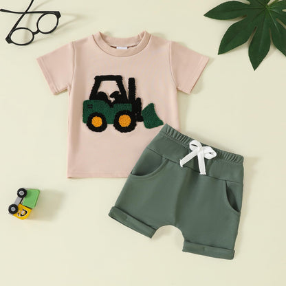 Toddler Baby Boy Summer Clothes Embroidered Farm Tractor Shirt and Short Set 2-Piece Outfits for Boys