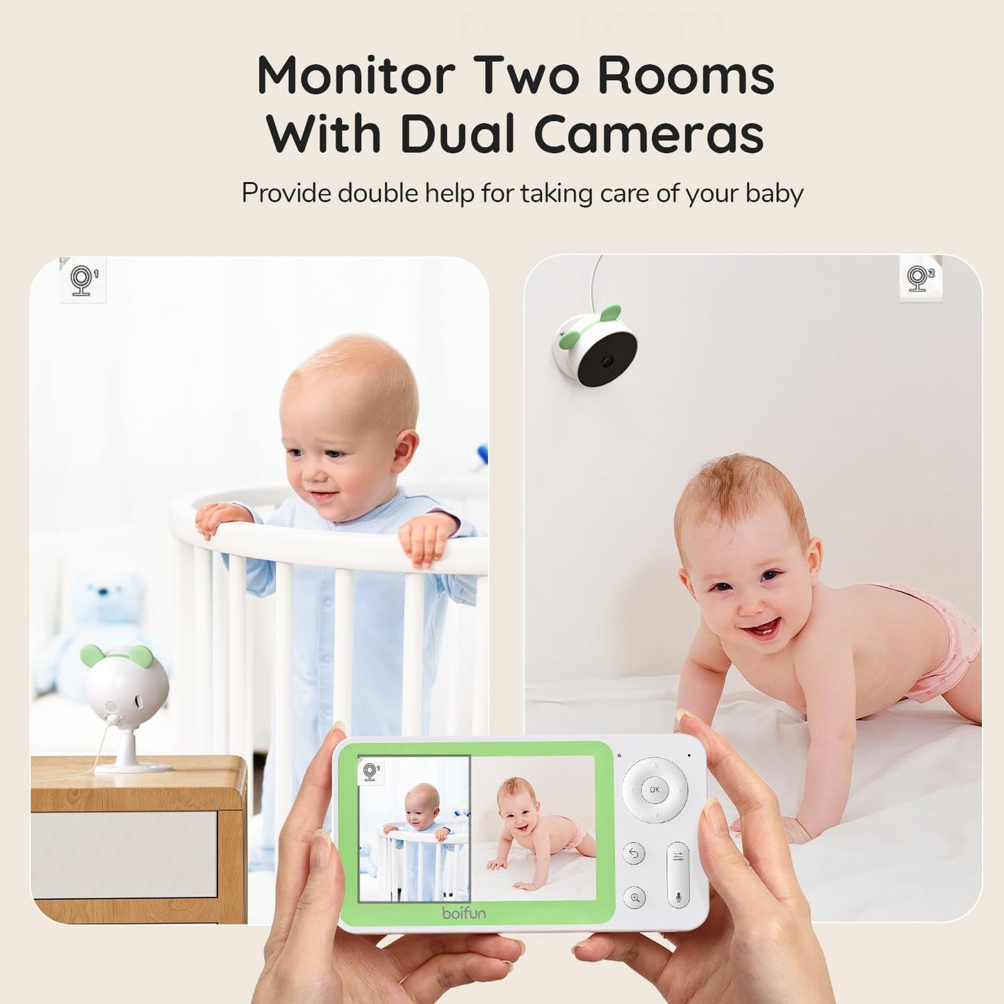 BOIFUN Split Screen Video Baby Monitor WiFi, 2 Cameras, Smartphone APP Control & LCD Monitor, AI Motion & Sound Detection, 4.3'' 4X Zoom, 1080P Smart (Monitor para Bebe), Area Alarm, Video Recording