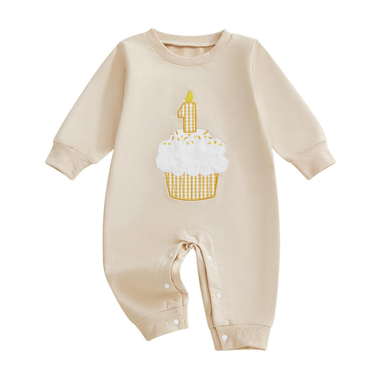 GOOCHEER First Birthday Baby Boy Outfit Fall 1 Cake Embroidery Ruffle Long Sleeve Romper Jumpsuit Cake Smash Clothes