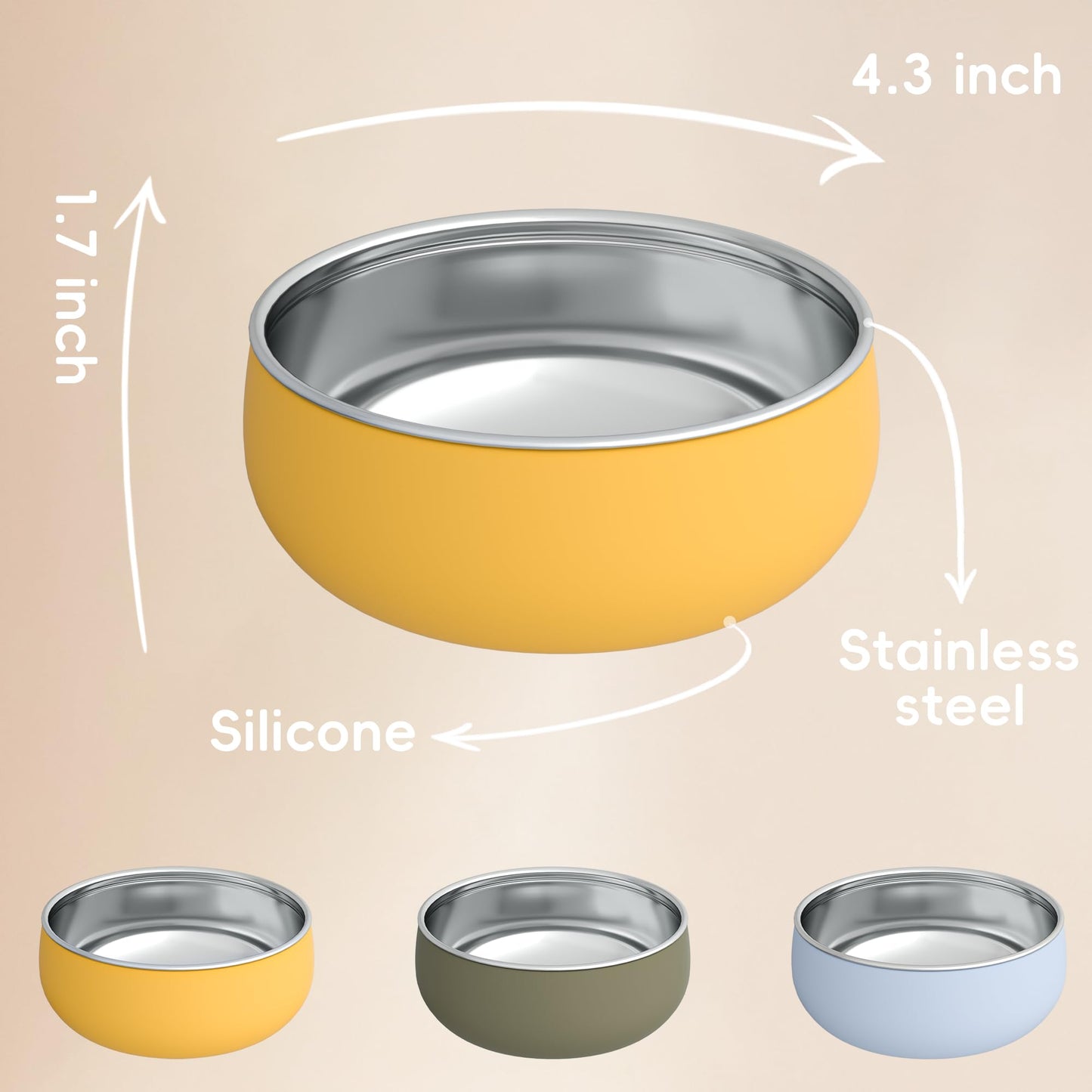 Bella's Friends Stainless Steel Baby Bowls with Silicone Sleeve 3 Pack, 4.3” for Toddlers Kids Feeding, Non-Slip, Non-Toxic, Mess-Free, Dishwasher Safe, Fit High Chair Size, Rose green Khaki