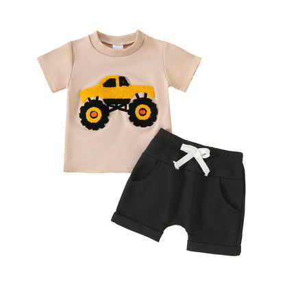 Toddler Baby Boy Summer Clothes Embroidered Farm Tractor Shirt and Short Set 2-Piece Outfits for Boys