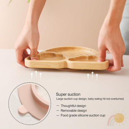 Bamboo Suction Plates Bowls Set for Baby Toddler Divided Platter Food bowl with Silicone Fork & Spoon All-Natural Baby Feeding Set for Baby-Led Weaning, Non-Slip Design