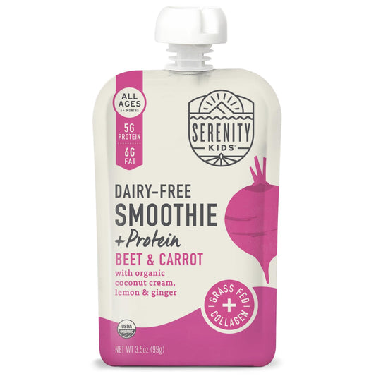 Serenity Kids 6+ Months Dairy-Free Smoothie Baby Food | USDA Organic | Grass Fed Collagen Protein | 3.5 Ounce BPA-Free Pouch | Berry Butternut | 12 Count